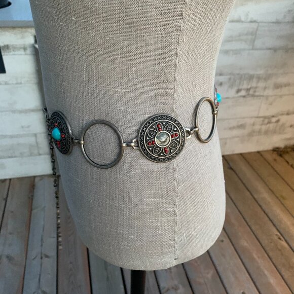 Vintage 90s Southwestern Western Boho Chic Concho Chain Waist Hip Belt - Picture 2 of 13